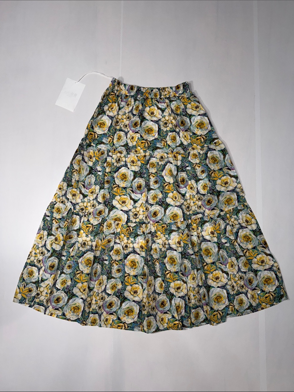 Floral Tiered Midi Skirt Cotton in Yellow and Green S NWT